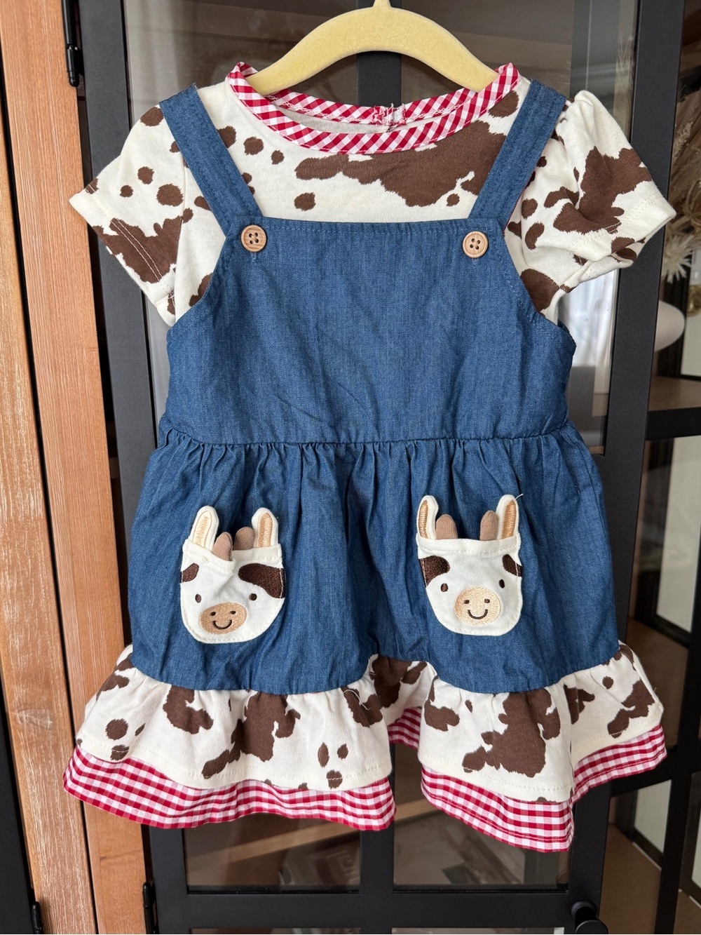 Cow applique set denim overalls dress tee embroidered 3d farm western gingham